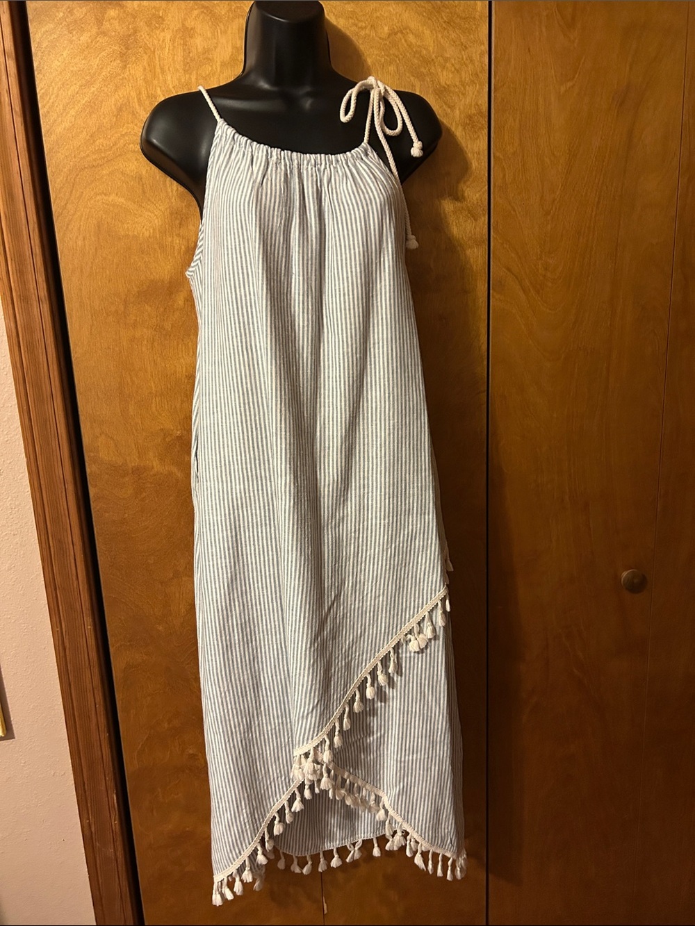 Lightweight Striped Tassel Dress - Blue/White